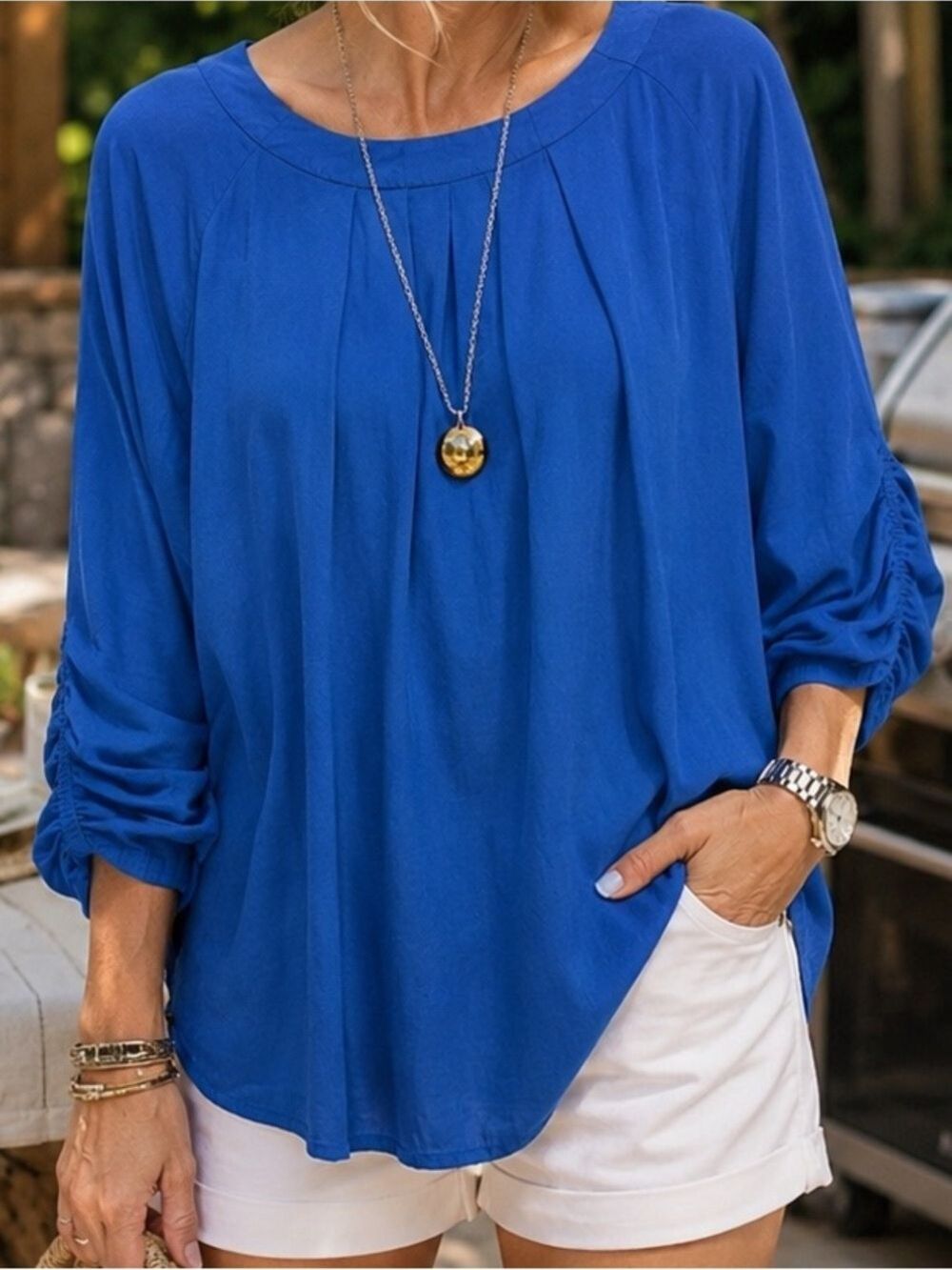 LISETTE Royal Blue Pleated Scoop Neck Blouse